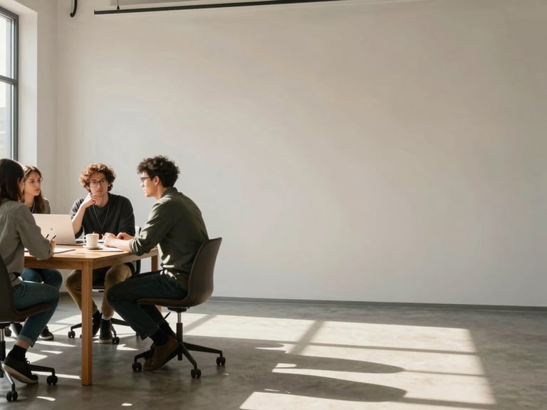Wide panoramic sunlit workspace, a small startup team in deep discussion around a wooden table to the left third, generous negative space on the right, soft shadows, warm natural daylight, collaborative focus.