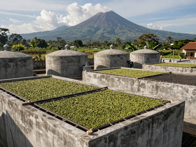 Wide-angle daylight shot of a coffee washing station in East Java, concrete fermentation tanks, and green coffee beans drying on raised mesh beds with volcanic mountains in the background.