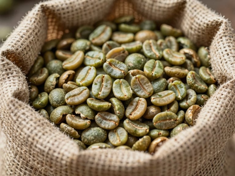 Macro close-up of raw, unroasted green coffee beans in a stenciled jute export sack, high-contrast natural daylight, focus on bean textures and agricultural grading.
