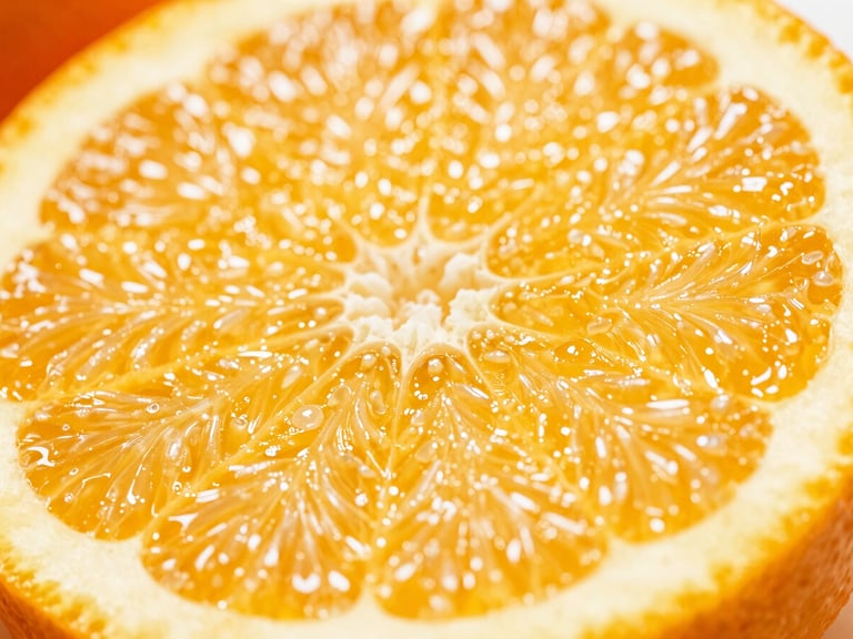 Macro shot of a perfectly sliced navel orange showing glistening juice vesicles and firm pulp, bright natural sunlight, shallow depth of field.