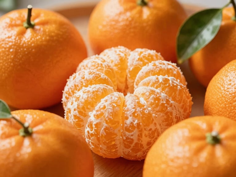 Crisp macro photograph of a segmented tangerine, bright orange color, with a few green leaves, sun-drenched, shallow depth of field.