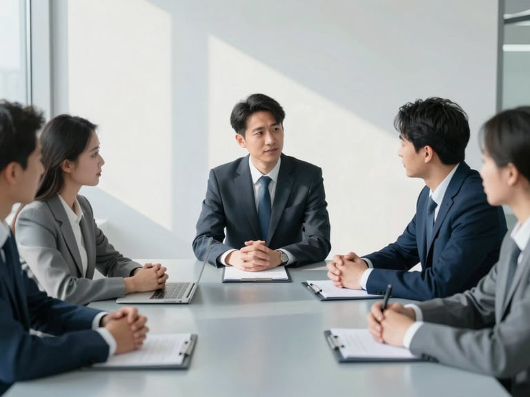 Collaborative executive meeting in a natural, unposed setting, bright natural office light with clean window shadows, cool slate tones, 35mm lens