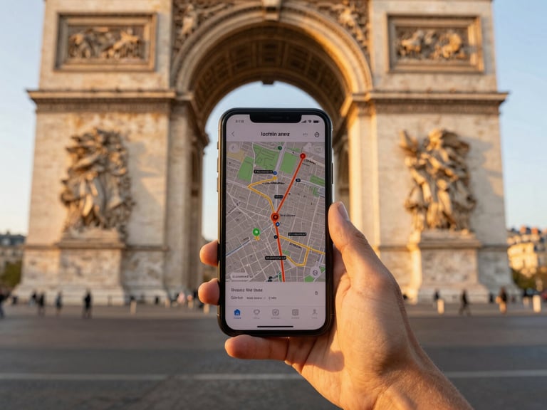First-person perspective of a hand holding a smartphone displaying a digital map overlay, historic Parisian stone archway in the background, warm golden hour light, 35mm lens.