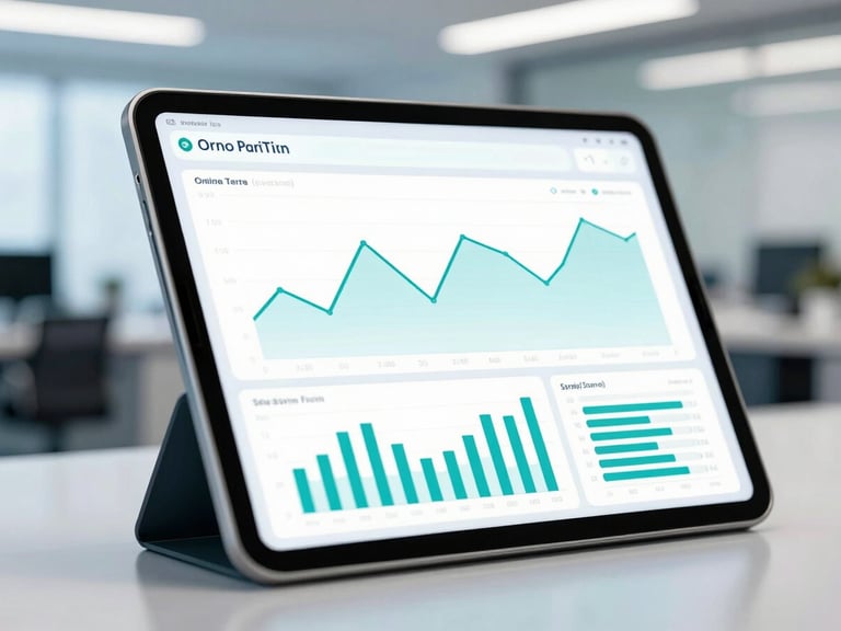 Close-up of a modern tablet displaying an interactive financial dashboard with clean teal line charts, professional office background, cool lighting