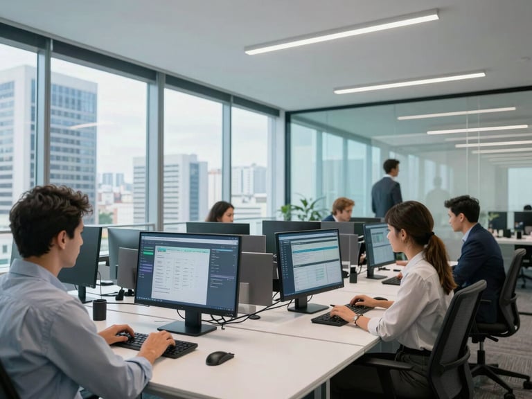 Wide-angle modern office interior in São Paulo, bright daylight reflecting on glass panels, professionals working with digital dashboards visible on tablet screens.