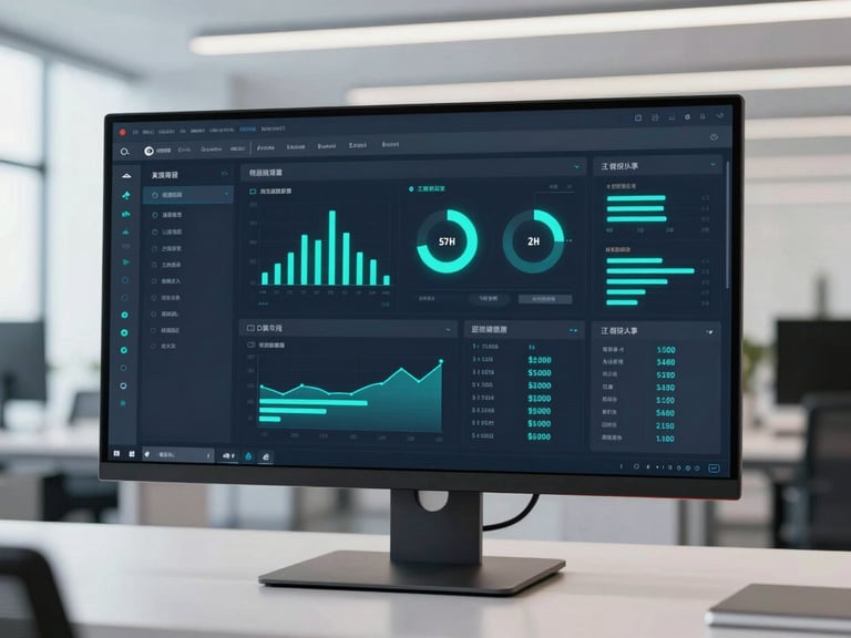 Panoramic clean layout of a financial software screen on a widescreen monitor, glowing teal metrics, dark slate interface, high-tech corporate environment