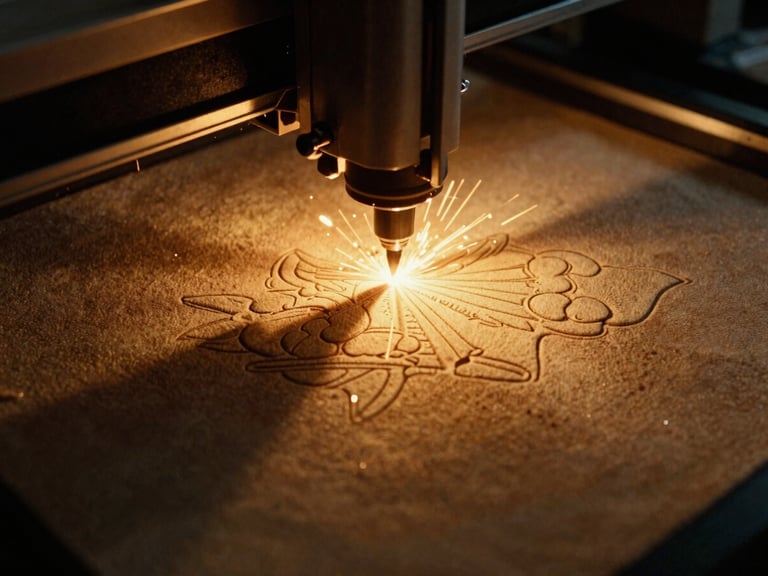 Close-up of a laser engraving machine beam etching a detailed design onto suede, sparks and light visible, dramatic workshop task lighting, 35mm film.