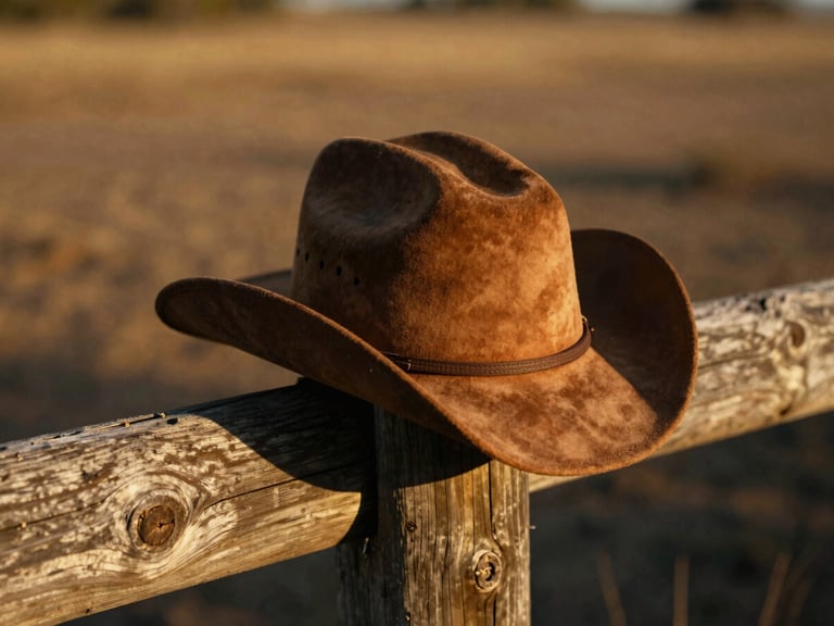 A suede cowboy hat resting on a weathered wooden fence post in a dusty, natural outdoor setting, golden-hour side lighting, deep shadows, 35mm film.