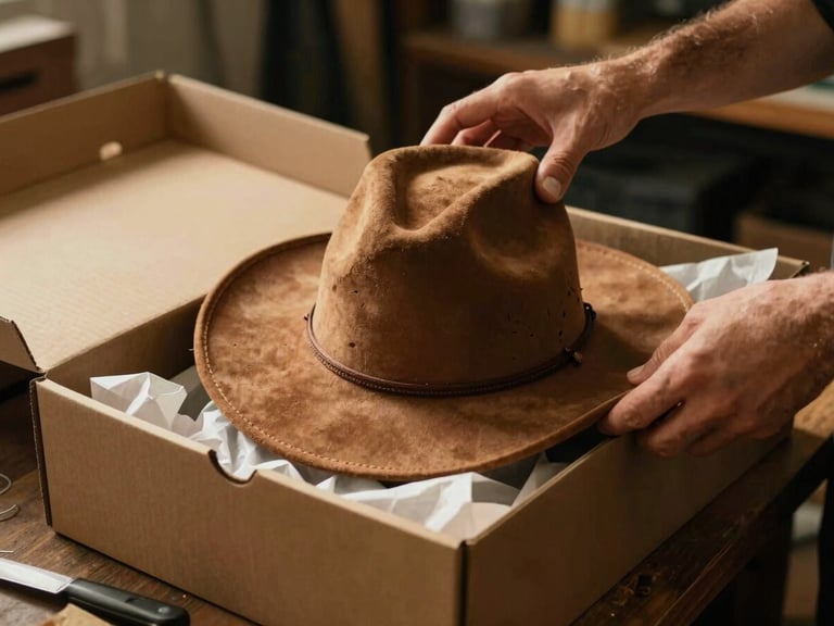 Hands carefully placing a finished suede cowboy hat into a custom shipping box, protective tissue paper, warm task lighting in a workshop, 35mm film.