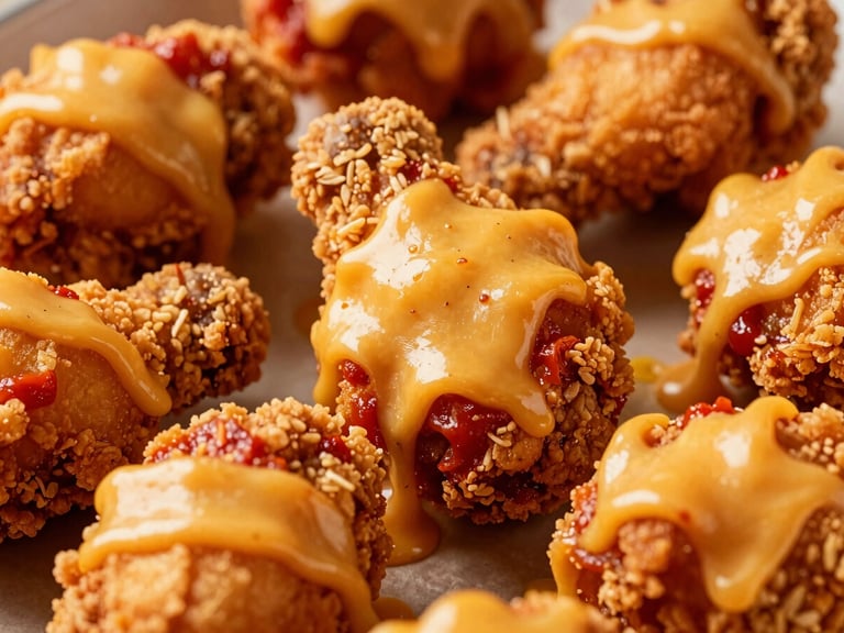 Close-up of crispy fried chicken (Ayam Geprek) covered with melted golden cheese, with a hint of red chili paste underneath, warm dramatic side-lighting, rich saturated red and golden tones, macro depth of field.