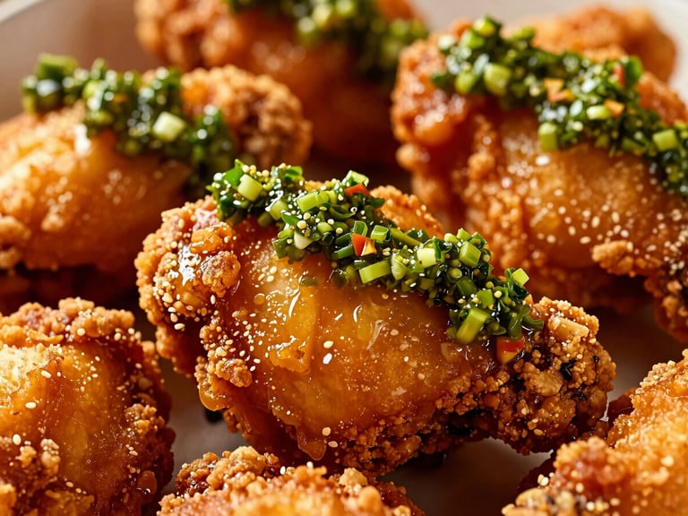 Close-up of crispy fried chicken (Ayam Geprek) topped with vibrant green sambal ijo chili paste, glistening, warm dramatic side-lighting, rich saturated red and golden tones, macro depth of field.