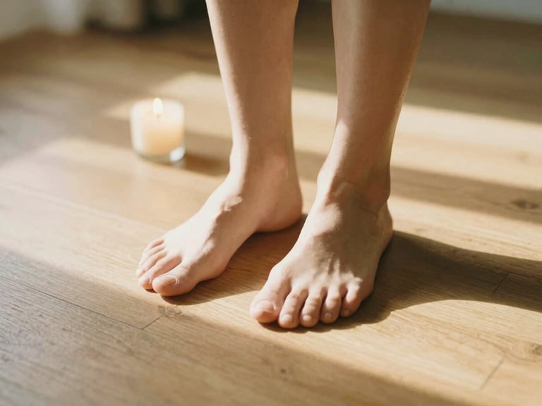 Bare feet in contact with warm wooden floorboards, soft natural afternoon light casting long shadows, warm organic editorial style, shallow depth of field, 35mm film