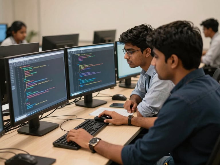 Over-the-shoulder shot of two Indian students collaborating on a coding project in a high-tech computer lab in Bokaro, screens displaying code, warm indoor lighting.