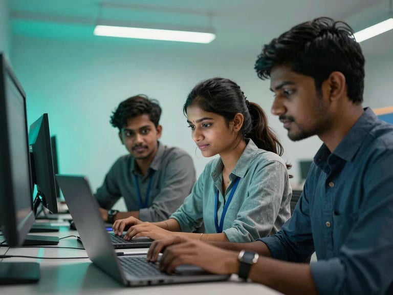 A collaborative group of three Indian students in a modern Bokaro computer lab working together on a laptop screen, vibrant teal lighting accents, professional atmosphere.