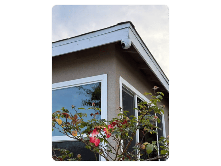 a house with a tree in the foreground and a window with a sky background