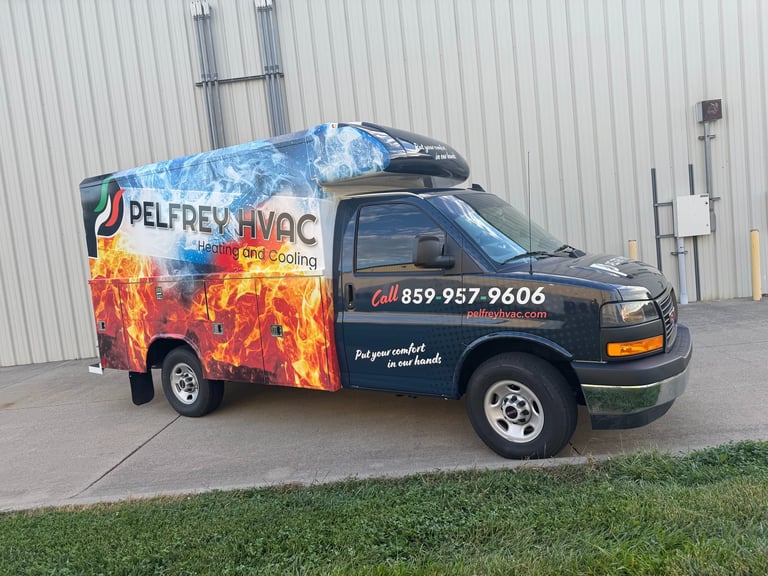 Custom fire and ice themed HVAC service truck wrap for Pelfrey Heating and Cooling by Big Sticker