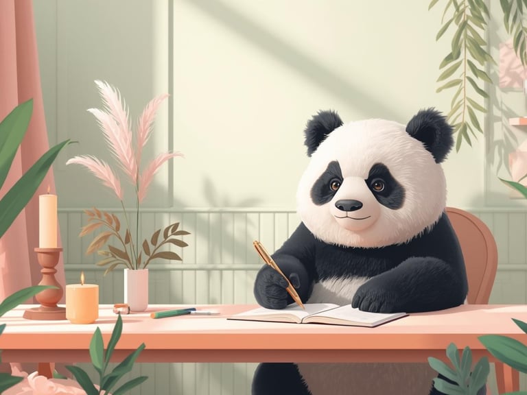 A cute giant panda sitting at a desk writing in a journal with a pen in a cozy, sunlit room.