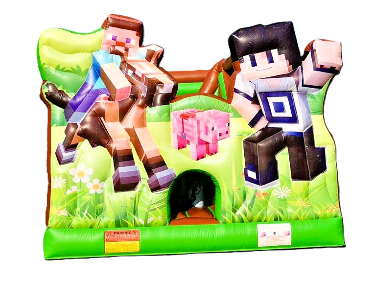 Inflatable Minecraft bounce house featuring Steve on a horse and pixelated characters for a kids party rental.