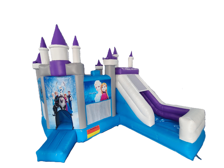 Frozen themed inflatable bounce house with slide and castle turrets in blue and purple.