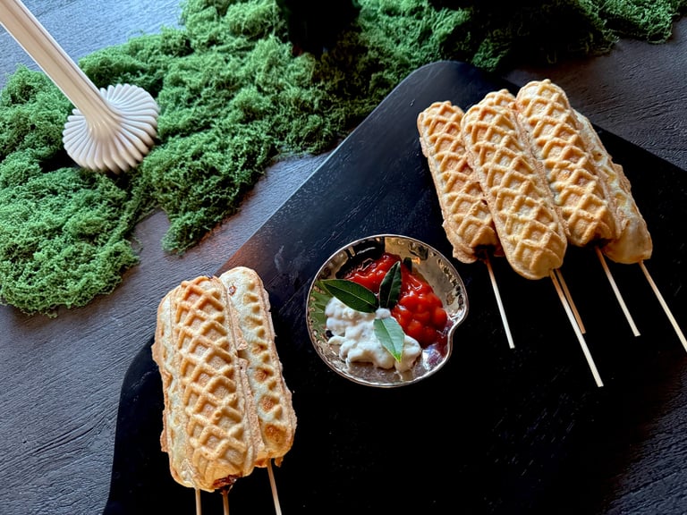 Golden waffle corn dogs on wooden skewers served on a black platter with dipping sauces.