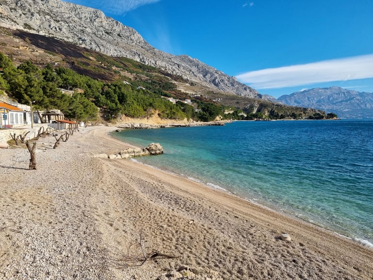 Artina pebble beach and Adriatic sea, Lokva Rogoznica, Croatia