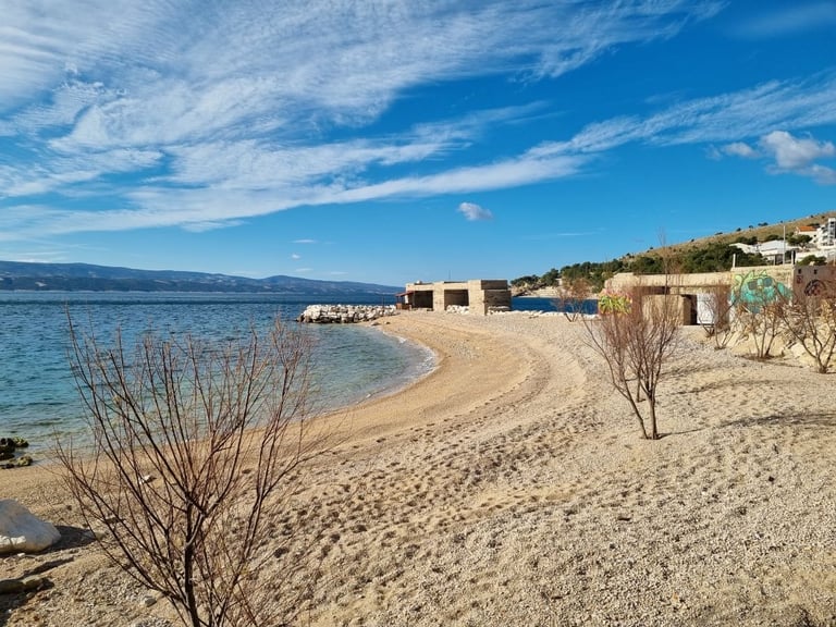 Rape central beach with pebble shore and clear Adriatic sea, Lokva Rogoznica