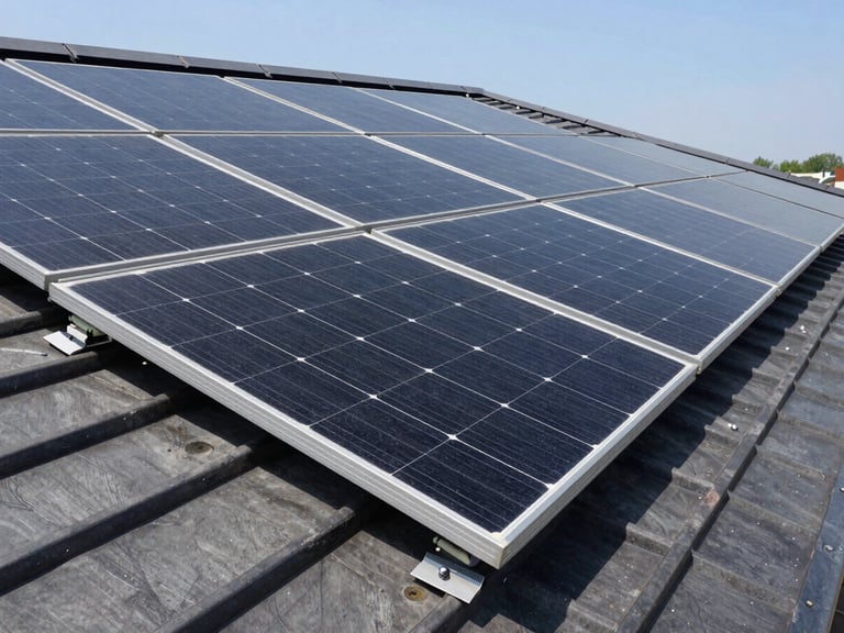 Sharp architectural close-up of premium black monocrystalline solar panels mounted on a dark standing-seam metal roof, crisp daylight, technical slate tones
