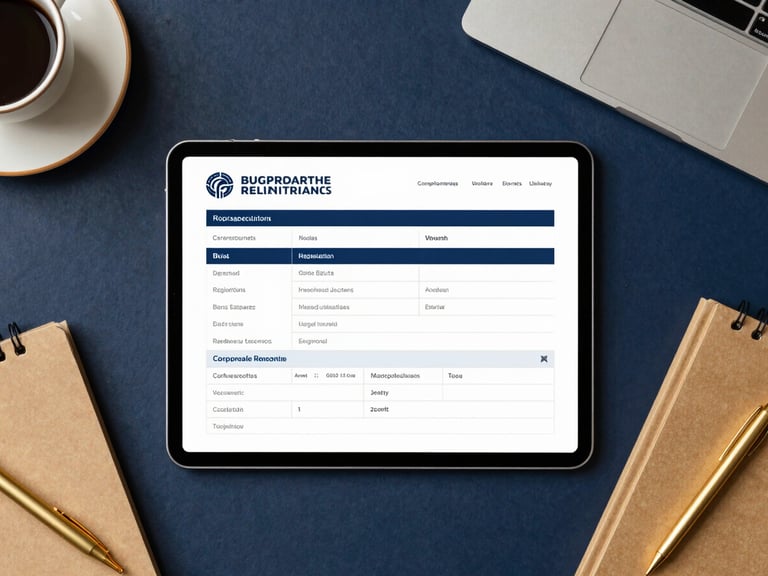 Overhead flat-lay of neatly organized workspace with digital tablet showing corporate registration form, warm gold accents, sharp focus