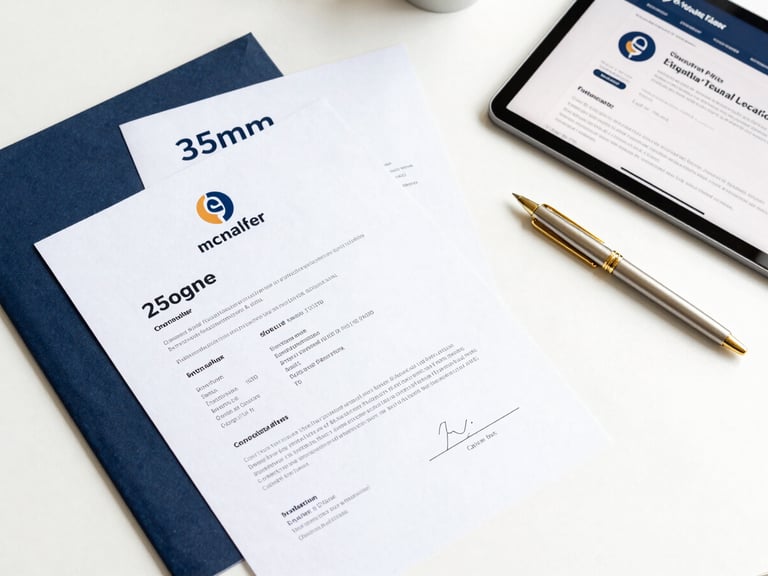 Overhead flat-lay of a modern, clean desk in bright daylight, featuring organized corporate registration certificates, a gold-trimmed pen, and a tablet showing a secure digital legal portal, navy accents, sharp focus, 35mm.