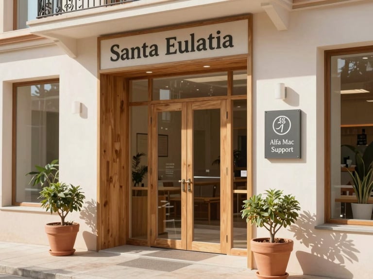 Warm environmental shot of the Santa Eulalia studio exterior, showing the entrance with a subtle Alfa Mac Support sign, terracotta planters, bright Mediterranean daylight.