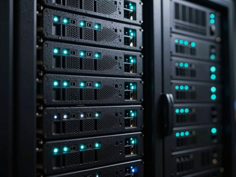 Macro close-up of high-density server rack arrays, glowing cyan indicator lights, dark metallic textures, low-key contrast studio lighting, 16:9 landscape aspect ratio.