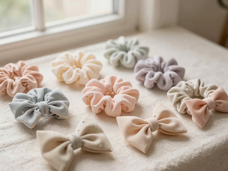 A flat lay of beautifully wrapped pastel scrunchies and bows on textured linen, soft natural window light, warm cream tones, shallow depth of field.