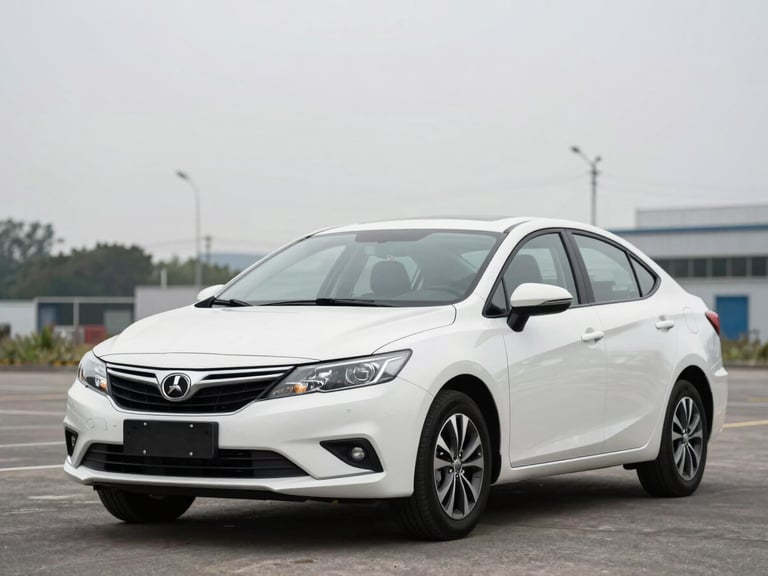 Front three-quarter view of a clean mid-size sedan parked on an outdoor lot in overcast daylight, no people, honest unedited paint and bodywork visible, organized background