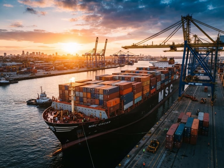 Wide environmental shot of a massive container ship at port during golden hour, dramatic sunlight highlighting metallic textures of shipping containers, 35mm cinematic industrial photography.