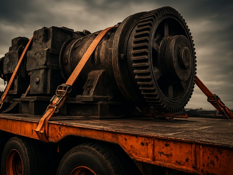 Documentary close-up of secured industrial machinery on a heavy-duty flatbed truck, high-contrast steel textures, dramatic overcast daylight, 35mm.