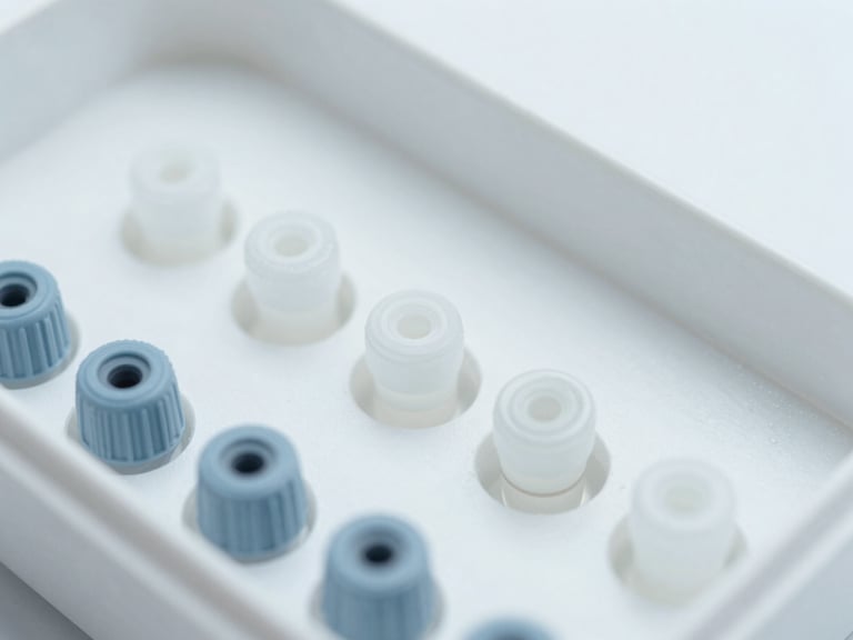 Macro close-up of temperature-controlled specimen transport vials inside a clean clinical courier box, cool sterile white light, 35mm