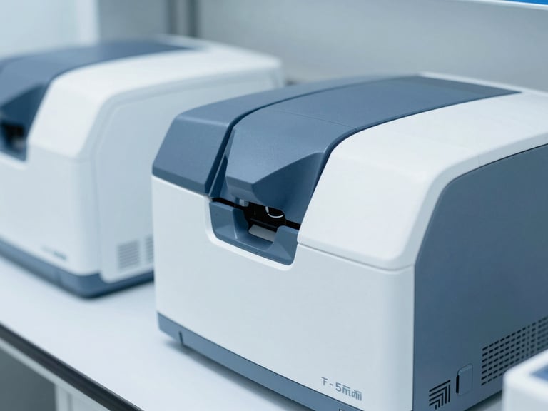 Clinical laboratory bench with automated molecular analyzers, cool slate blue tones, sterile high-key lighting, sharp macro focus, 35mm
