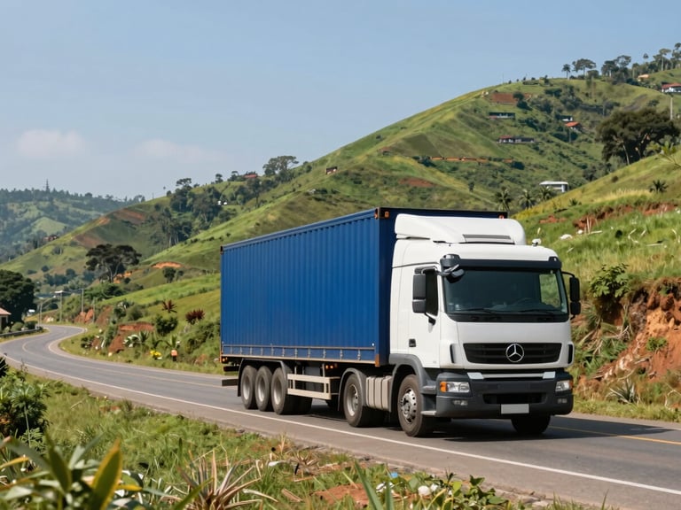 Environmental wide shot of a modern logistics truck on a paved road winding through the lush green hills of Cameroon, bright daylight, professional photography