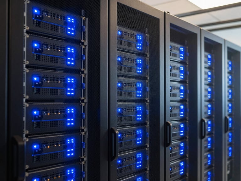 Crisp corporate photography of modern server racks with glowing blue LED lights inside a secure corporate data center in Cameroon, professional lighting, sharp focus, editorial, 35mm