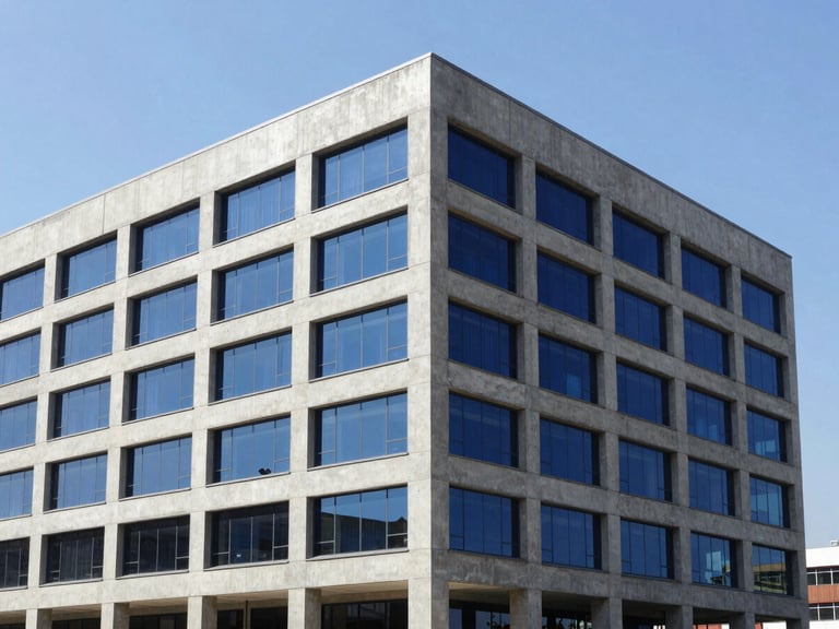 Crisp corporate photography of a newly completed modern concrete building in Dschang, bright daylight, sharp focus, architectural lines, deep blue and warm accents, editorial, 35mm