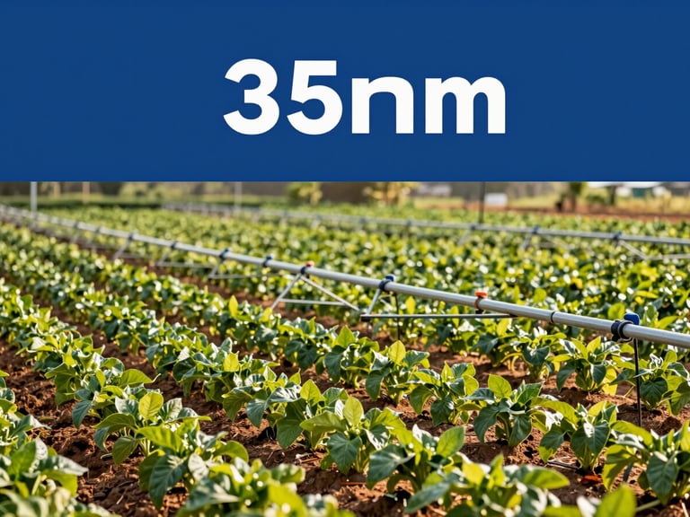Crisp corporate photography of a modern agricultural plantation in Cameroon with automated drip irrigation systems, rich green crops, warm daylight, sharp focus, editorial, 35mm
