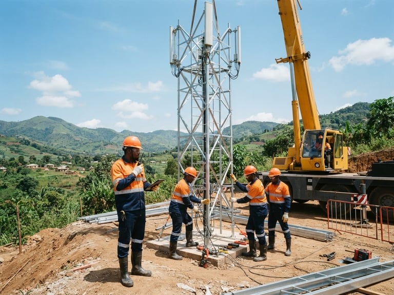 Crisp corporate photography of a modern telecommunications tower being installed in Cameroon, bright natural daylight, engineers in safety gear visible at the base, sharp focus, editorial, 35mm