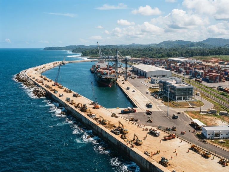 Wide environmental shot of a modern infrastructure project in Cameroon under bright natural daylight, crisp focus, editorial 35mm