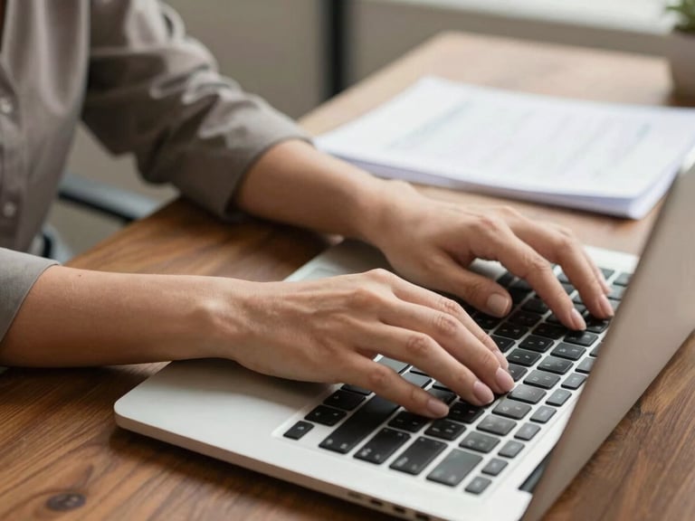 Mãos femininas digitando em um laptop em uma mesa de escritório organizada, com foco em detalhes e iluminação suave, documentos discretos ao fundo.