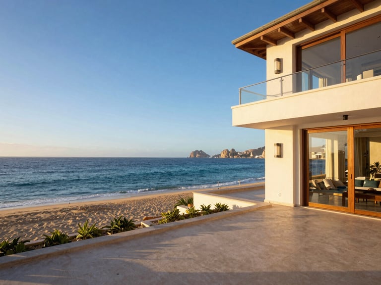 Wide-angle architectural shot of a premium Cabo villa with an ocean-facing terrace, golden-hour warmth, rich ocean blues and sand tones