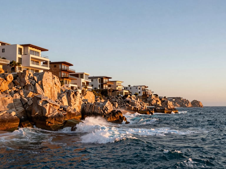 Dramatic wide-angle shot of Pedregal cliffs in Cabo San Lucas, luxury modern villas perched on granite rocks overlooking the crashing Pacific ocean at sunset