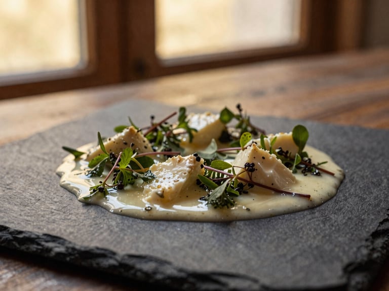Close-up of a delicate alpine dish with wild herbs and emulsified cheese, soft warm golden-hour window light, dark slate background, 35mm