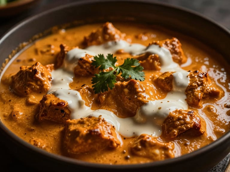 Close-up of a bowl of creamy Butter Chicken, garnished with fresh cream and cilantro, dramatic low-key golden light, deep shadows, rich warm tones, shallow depth of field, 50mm lens