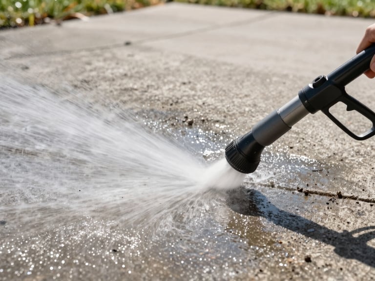 Close-up of a pressure washer nozzle cleaning a concrete driveway, water spray, dirt lifting, crisp daylight, high contrast, professional editorial style.