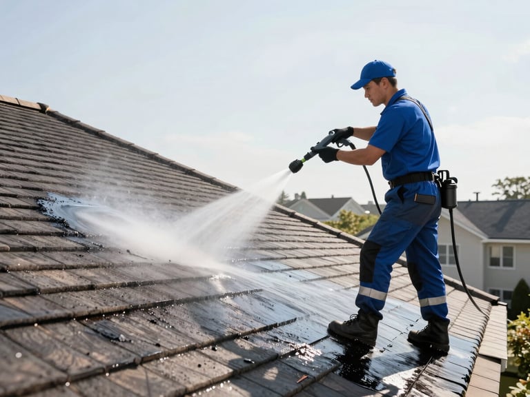 Professional crew member soft-washing a residential roof, low-pressure spray, clean branded gear, crisp daylight, high contrast, professional editorial style.
